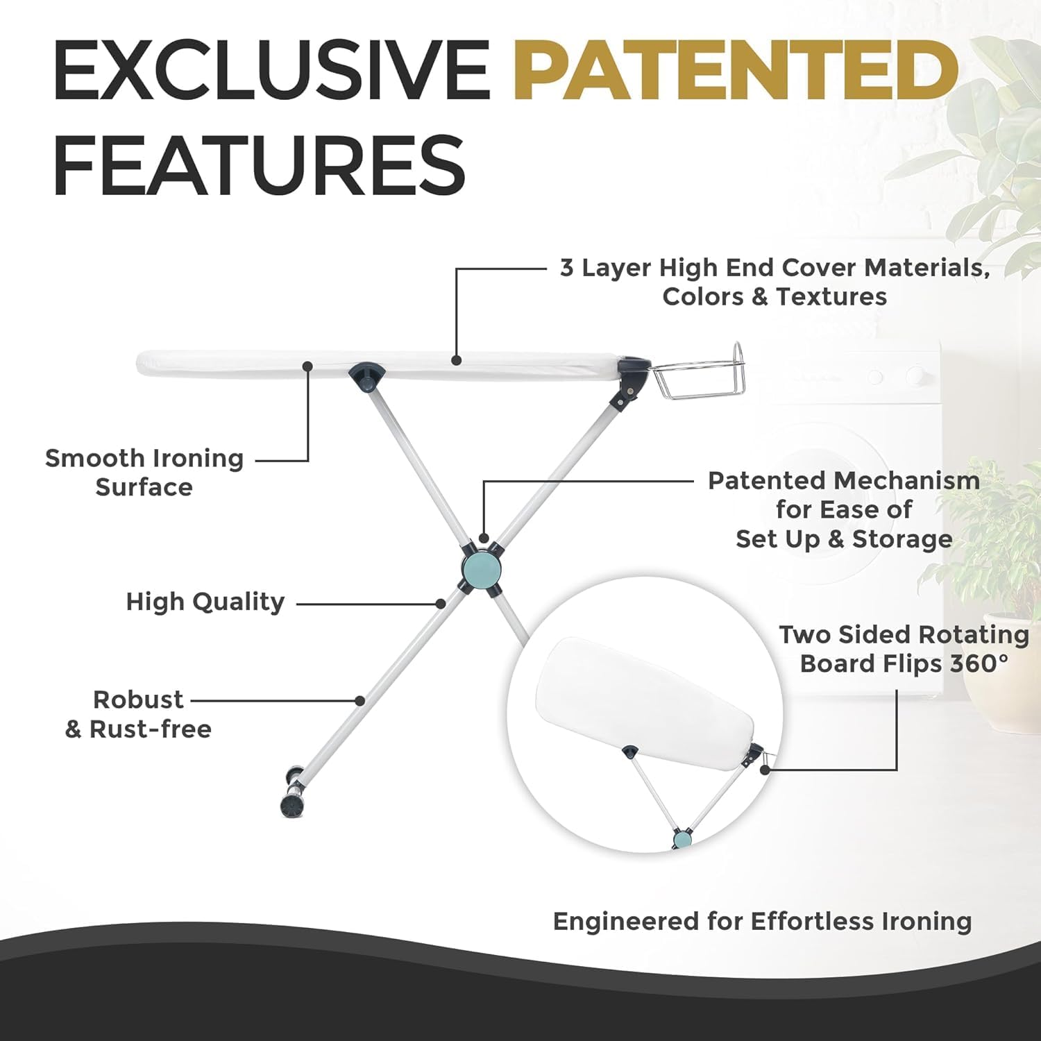 360° Dual-Sided Torso Ironing Board with adjustable height, iron holder, clips, and HDPE heat‑resistant surface.